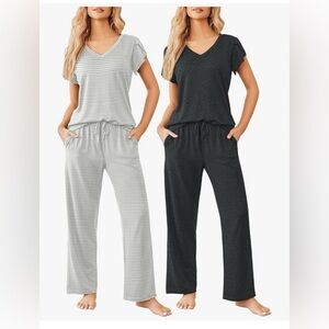 Women’s V-Neck Lounge Pajama Set - Black and Light Gray Stripe